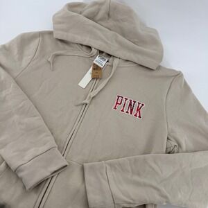 Victorias Secret PINK Full Zip Hoodie Beige Tan Red Plaid Logo Sweatshirt L NWT